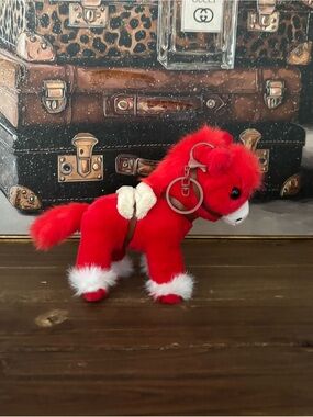 Red Plush Pony Keychain with White Trim
